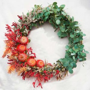 WREATH ~ Designer : Claire McMillan, Wildflowers Australia competition ~ Flowers & Foliage: eucalyptus, thryptomene, grevillea, kangaroo paw, Banksia coccinea,