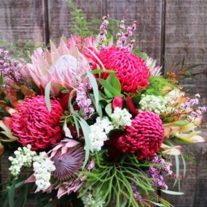BOUQUET ~ Designer : Liz Smith, Premium Greens ~ Flowers & Foliage : waratah, king protea, leucadendron, tea tree, nutty gum, Lycopodium