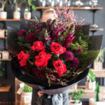BOUQUET ~ Designer : Northside Flower Market ~ Flowers & Foliage : red roses, snapdragons, dahlias, Leptospermum Copper Glow, Nandina Flirt™, Sea Star Fern™