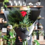 BOUQUET ~ Designer : Northside Flower Market ~ Flowers & Foliage : single red rose, eucalyptus, Sea Star Fern™